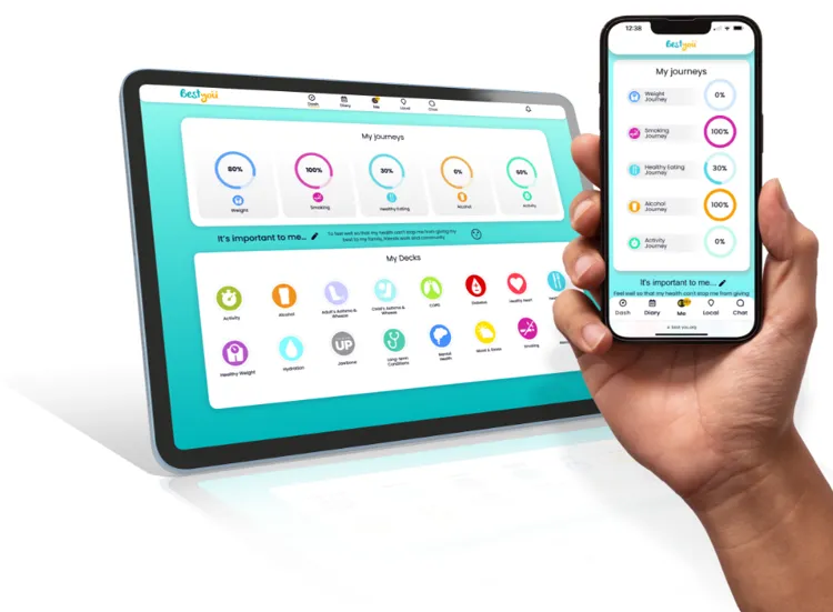 The free Best You app shown on a tablet and a phone, displaying the wellbeing journeys dashboard.
